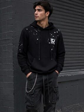 John Richmond Black Hoodie SZ XS Embroidered Paint Splatter Streetwear Unisex